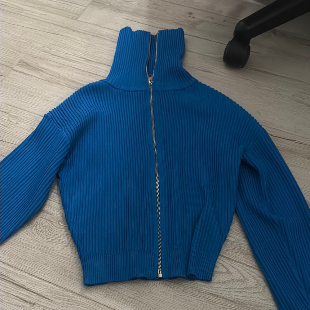 Hippie Rose Blue Cowl Neck Sweater with Ribbed Texture